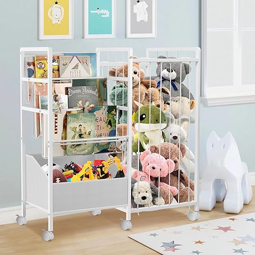 Miniatura 4 de Estantería para niños y almacenamiento de animales de peluche, estante de metal 3 en 1 con ruedas, estantería para niños pequeños con estante de