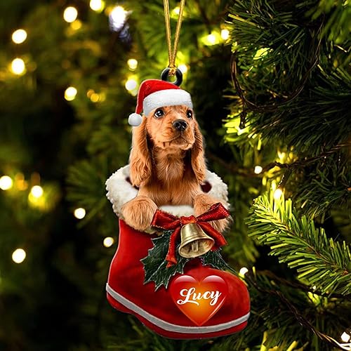 Cocker Spaniel - Adorno de Navidad con diseño de bota de Papá Noel, adorno personalizado con nombre de perro, regalo para amantes de los perros,