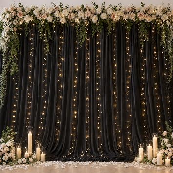 Ledido 108ft Black Tulle Backdrop Curtains with Lights String - 300LED Fairy Lights Sheer Curtain Backdrop for Wedding Baby Shower Photo Shoot Birthday Party Decoration, Black