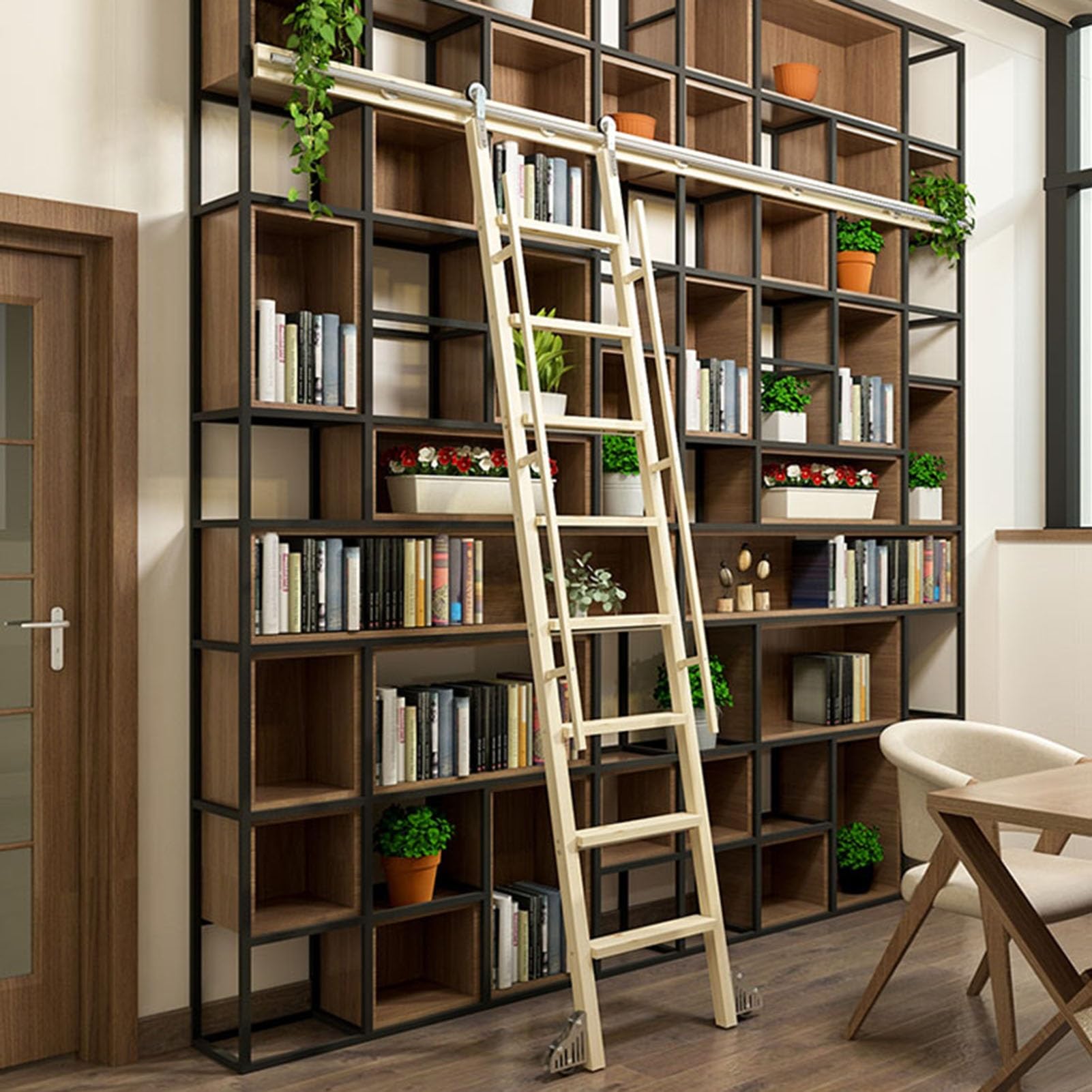 Schiebe-Bibliotheksbeschläge, Roll-Rundrohrschiene 2,0-8,0 m, Edelstahl-Roll-Schiebe-Bibliotheksleiter-Beschläge, komplettes Schienenset, Bodenrollen mit Bremse (Größe: 16 ft/488 cm Schienen