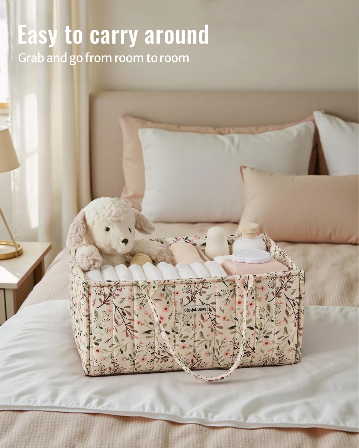 Blissful Diary Floral Diaper Caddy Organizer, Stylish Nursery Storage Basket, Diaper Bag,Gift for Baby Shower, Baby Registry Must Have, Newborn Essentials, Pastoral Daisy - 5