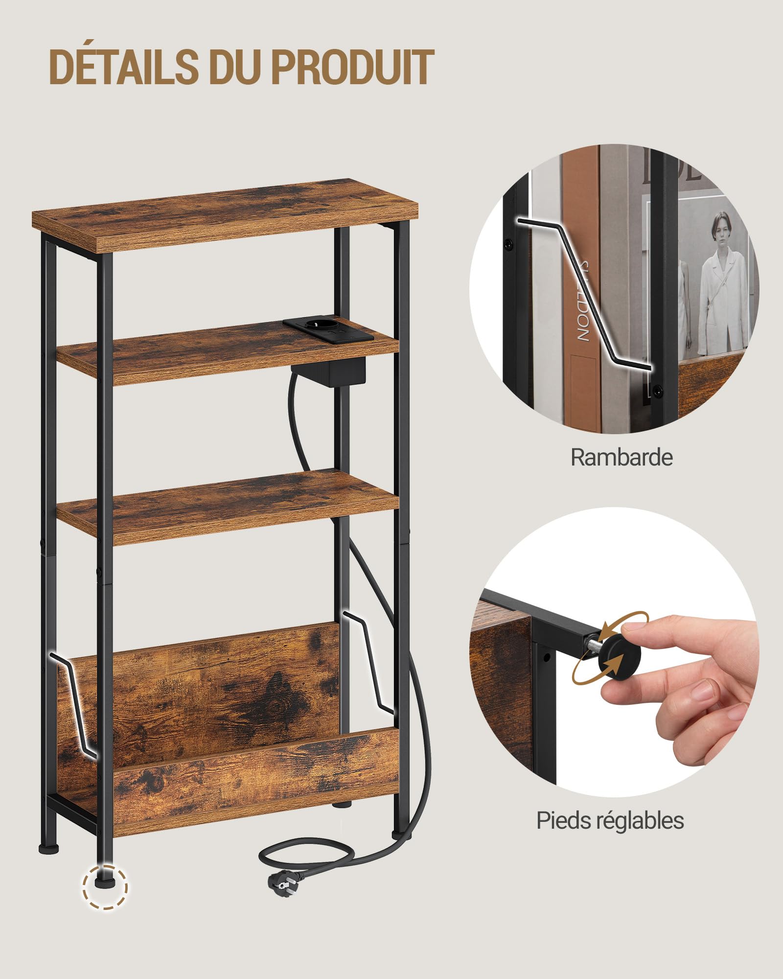 Hzuaneri Table d'Appoint Fine, Bout de Canape à 4 Niveaux avec Porte-revues et Prise de Recharge, Table d'Appoint Adaptée aux Salons, Chambres et Bureaux, Marron Rustique ET40001BEU