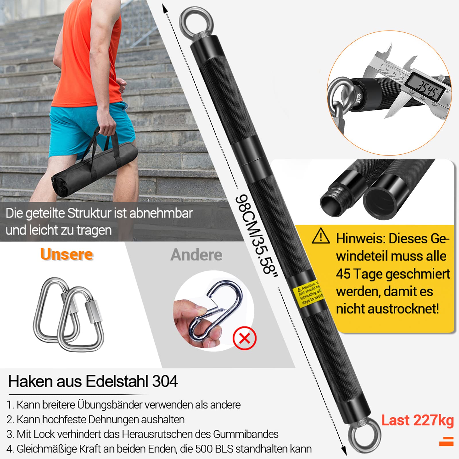 Sprzęt fitness DASKING do domu, zestaw Home Gym Band Bar Set, z opaskami poziomu 4, odłączany drążek do ćwiczeń (maksymalna nośność 227kg), 98CM (czarny)
