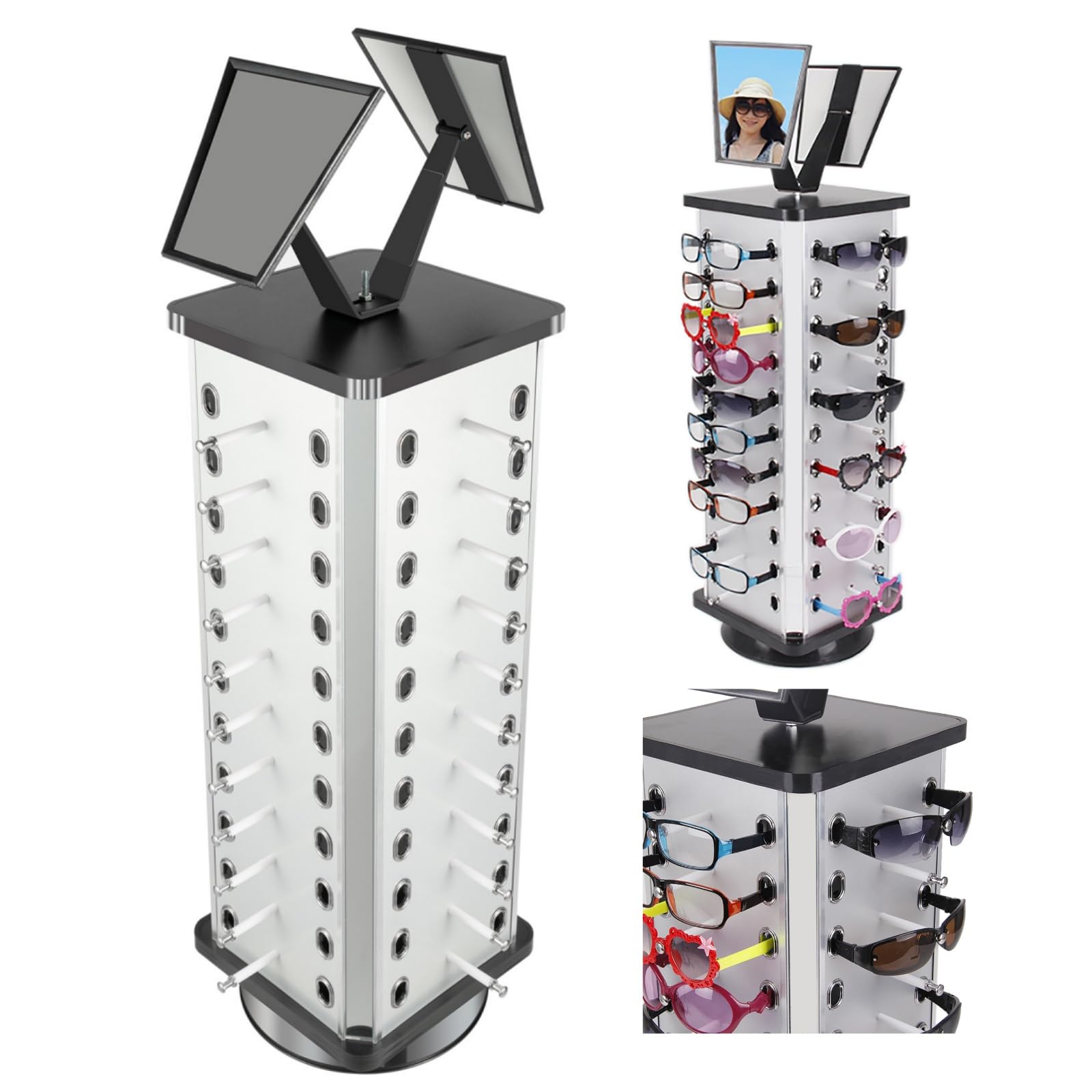 360° Drehbarer Brillenständer, Brillenhalter mit Spiegel, Ausstellungsständer für 44 Brillen, Metall Sonnenbrillen Brillenaufbewahrung für Ladentheke Geschäft Zuhause Kollektion Optiker Präsentation