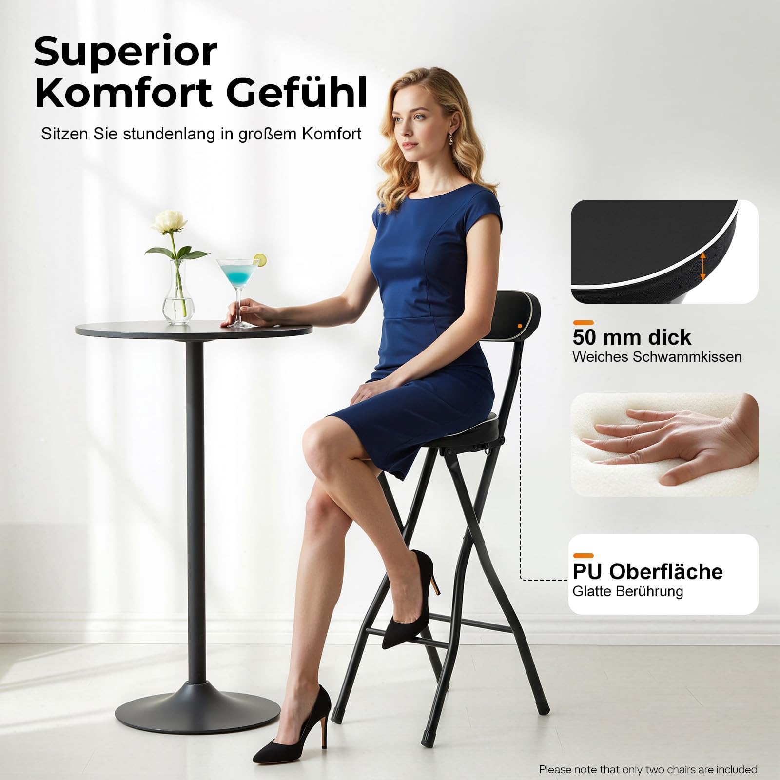 Klappbar Barhocker 2er Set Klappbarer Stehhocker Barhocker mit Lehne, 65cm hoch, Hochstuhl Klappbar Stehhilfe, Bar Hocker für Bar und Tresen, Tragkraft 125KG (Schwarz 65CM)