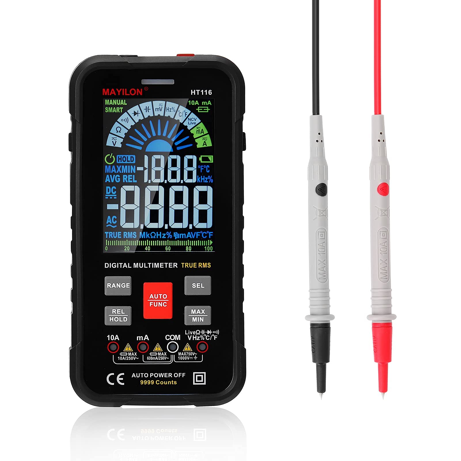 WorldCare® HT116 Intelligent Portable Multimeter VA Color Big Display Screen 9999 Counts with SSSSS Function Ture RMS NCV Direct Current AC Voltage Current Resistance Capacitance Frequency Duty