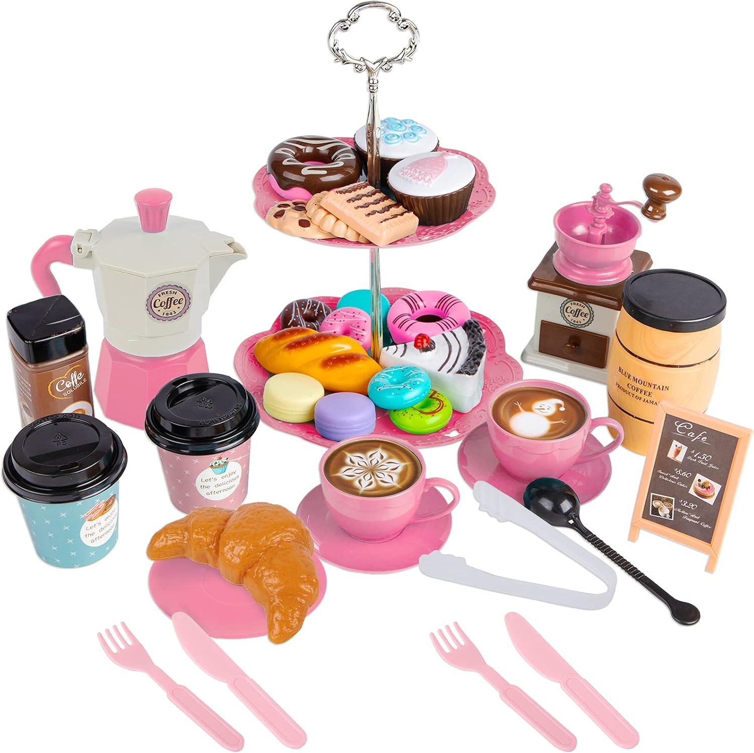 VENSEEN Tea Party Set for Little Girls, 37 PCS Play Dessert and Toy Tea Coffee Set, Indoor Outdoor Pretend Play Food for Toddlers