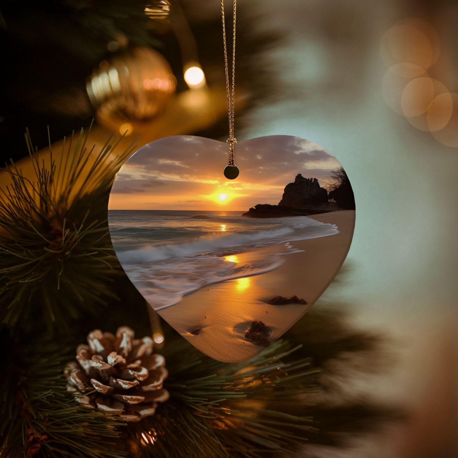 Christmas Ornaments for Christmas Tree Decoration Hanging Sunrise Beach Ornament with Gold Ribbon Crafts Heart Shape Ceramic Pendant for Keepsake Gifts Xmas Decor Party Supplies