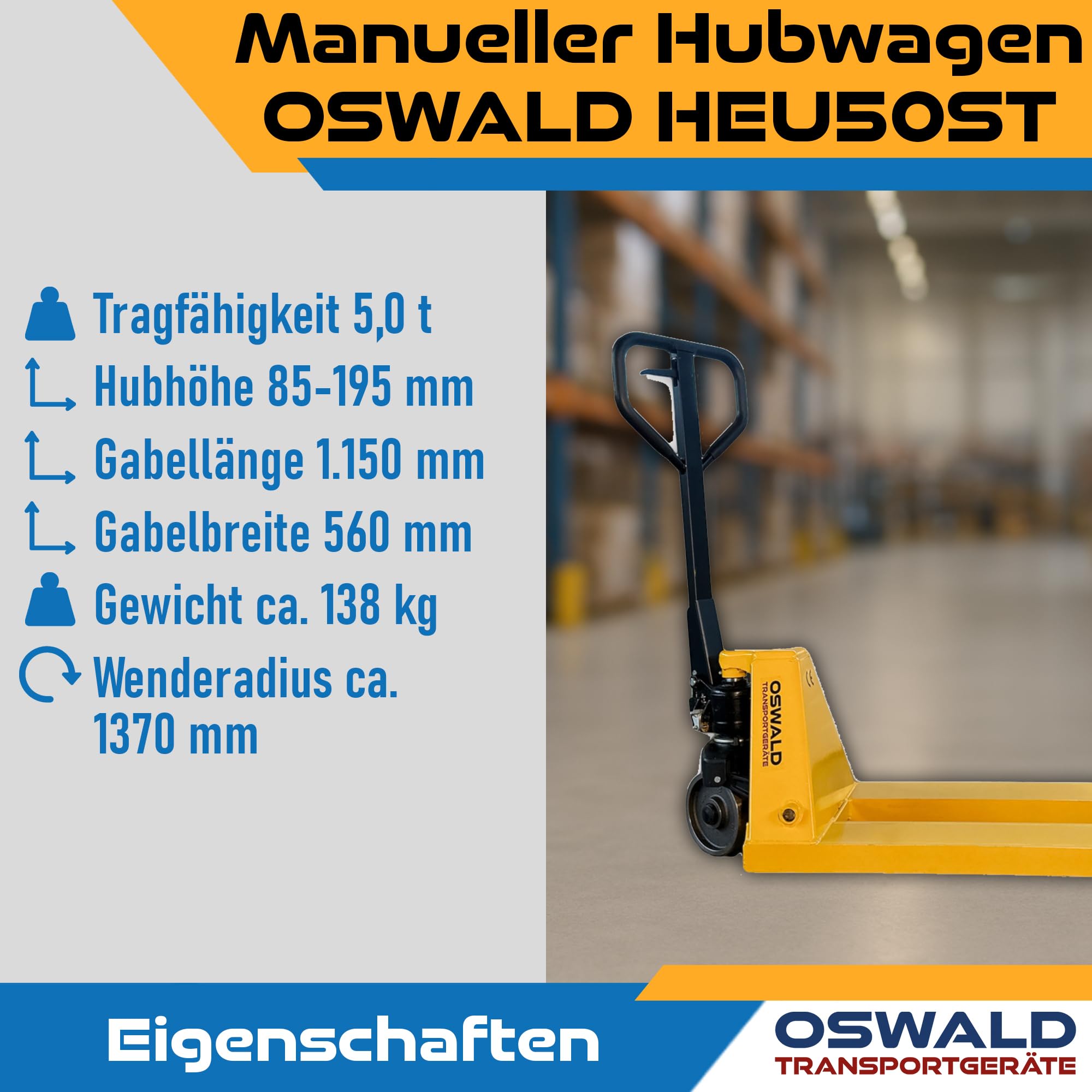 Schwerlast Hubwagen 5 t HEU50ST - Gabellänge 1.150 mm - 5000 kg Gabelhubwagen