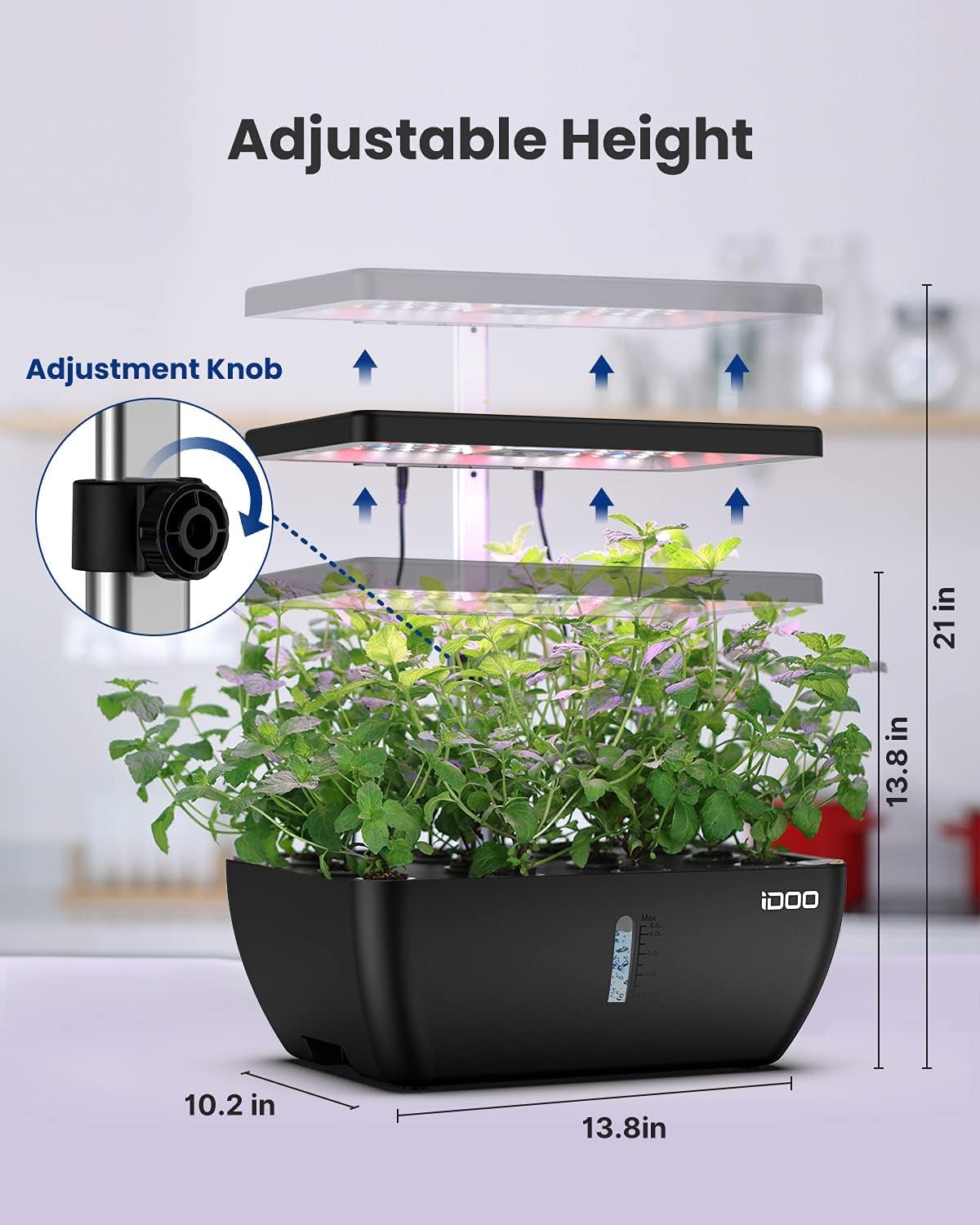 iDOO Smart Garden, Sistema de Cultivo Hidropónico con WiFi, Tanque de Agua de 6.5 L, Lámpara LED de Planta, Ventilador, 12 Vainas Huerto Interior, Altura Ajustable Jardín WiFi Inteligente