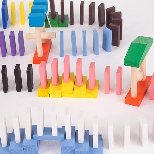 Miniatura 7 de MCPINKY Juego de 204 bloques de dominó, kit de inicio de dominó de madera colorida, bloques de dominó de carreras, juego de azulejos de carreras,