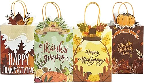 qiqee Paquete de 24 bolsas de regalo de papel de Acción de Gracias con asas a granel de 8.26 x 6 x 3.15 pulgadas, bolsas de regalo de calabaza,