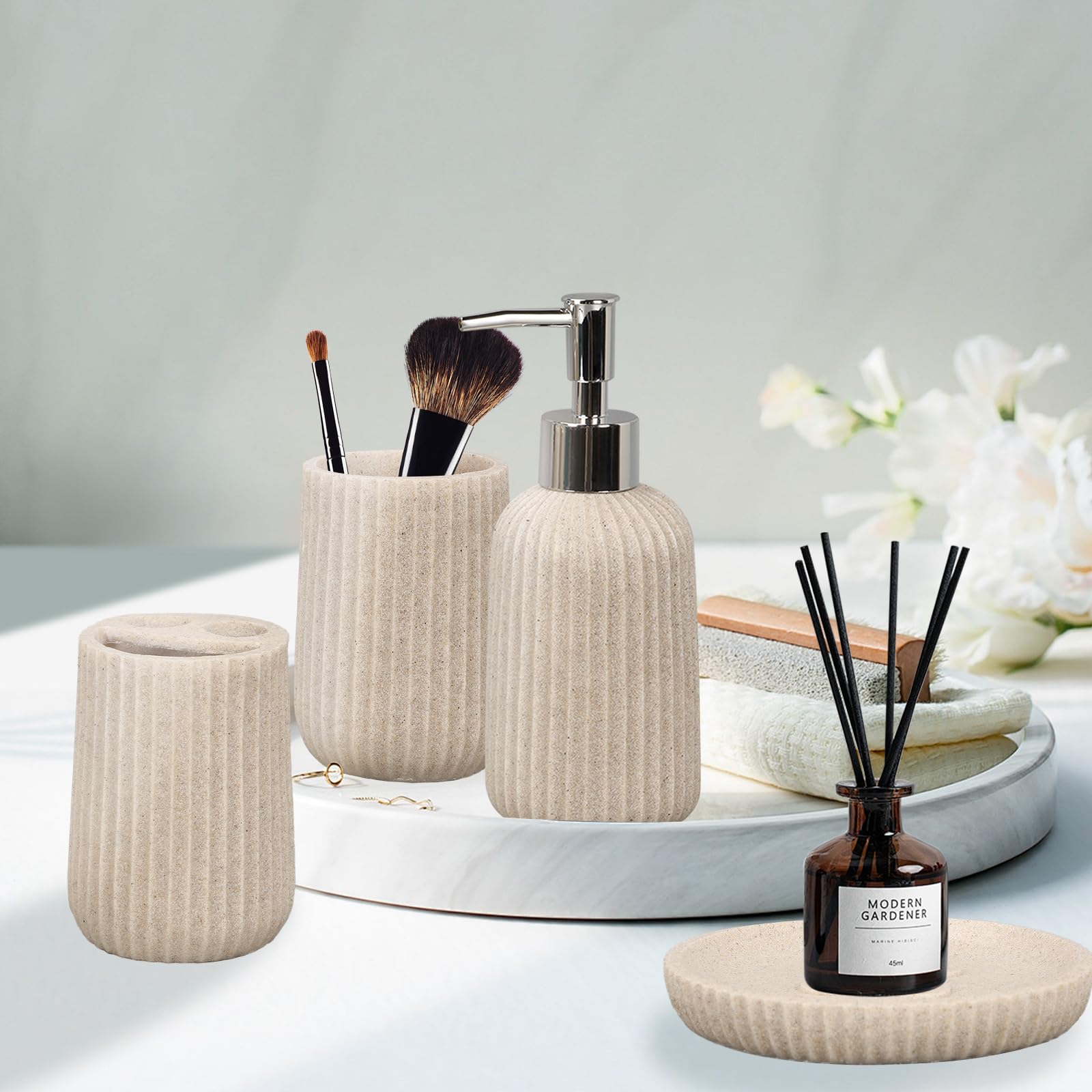 Set Accessori Bagno Beige In Ceramica BosilunLife - Dispenser Sapone, Portaspazzolino, Portasapone E Barattolo