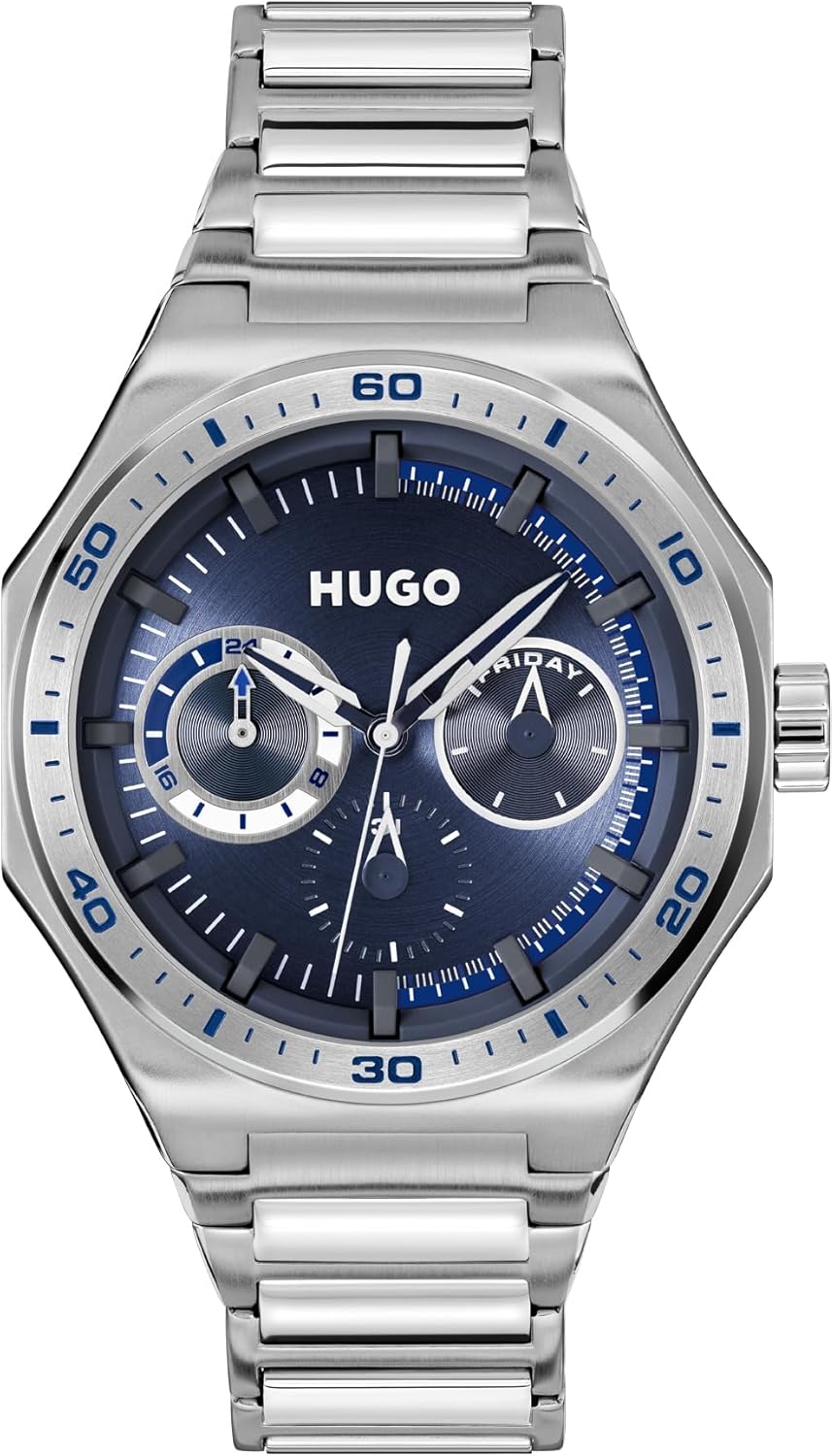 HUGO Men's #Grail Sport Watch – 44mm Stainless Steel Case, Multifunction Movement, Bold Design, Quartz Accuracy, Sporty and Dynamic Style - Gift for Him