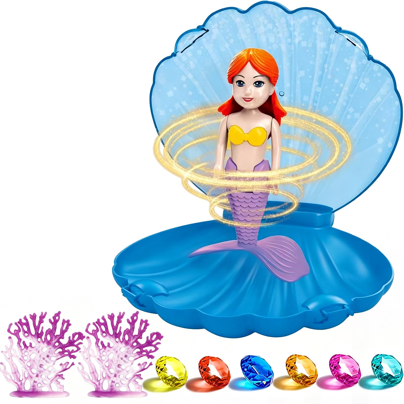 Diving Mermaid Pool Toys for Kids,Mermaids Sinkers Diving Toy for Swimming Pool,Girls Mermaids Bath Water Toy,Little Mermaid Toys with Blue Shell & 6 Gemstone & 2 Coral for Girls Kids Aged 5+