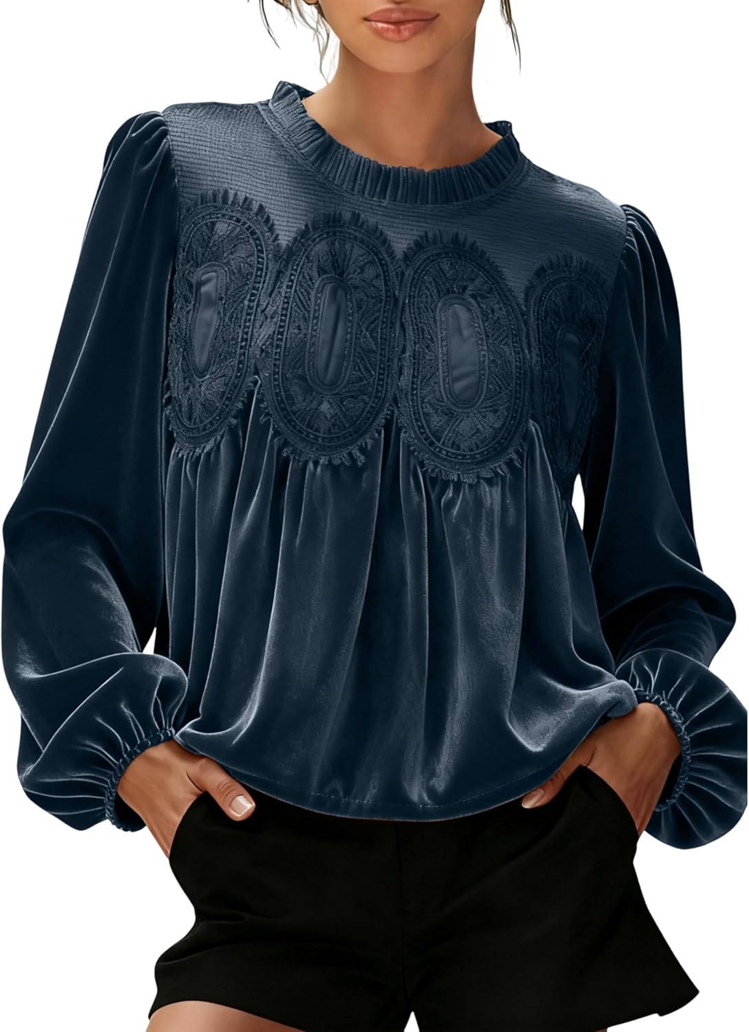 Faleave Women's Velvet Trim Lace Blouse Long Sleeve Shirt Elegant Flared Swing Top Round Neck Casual Wear