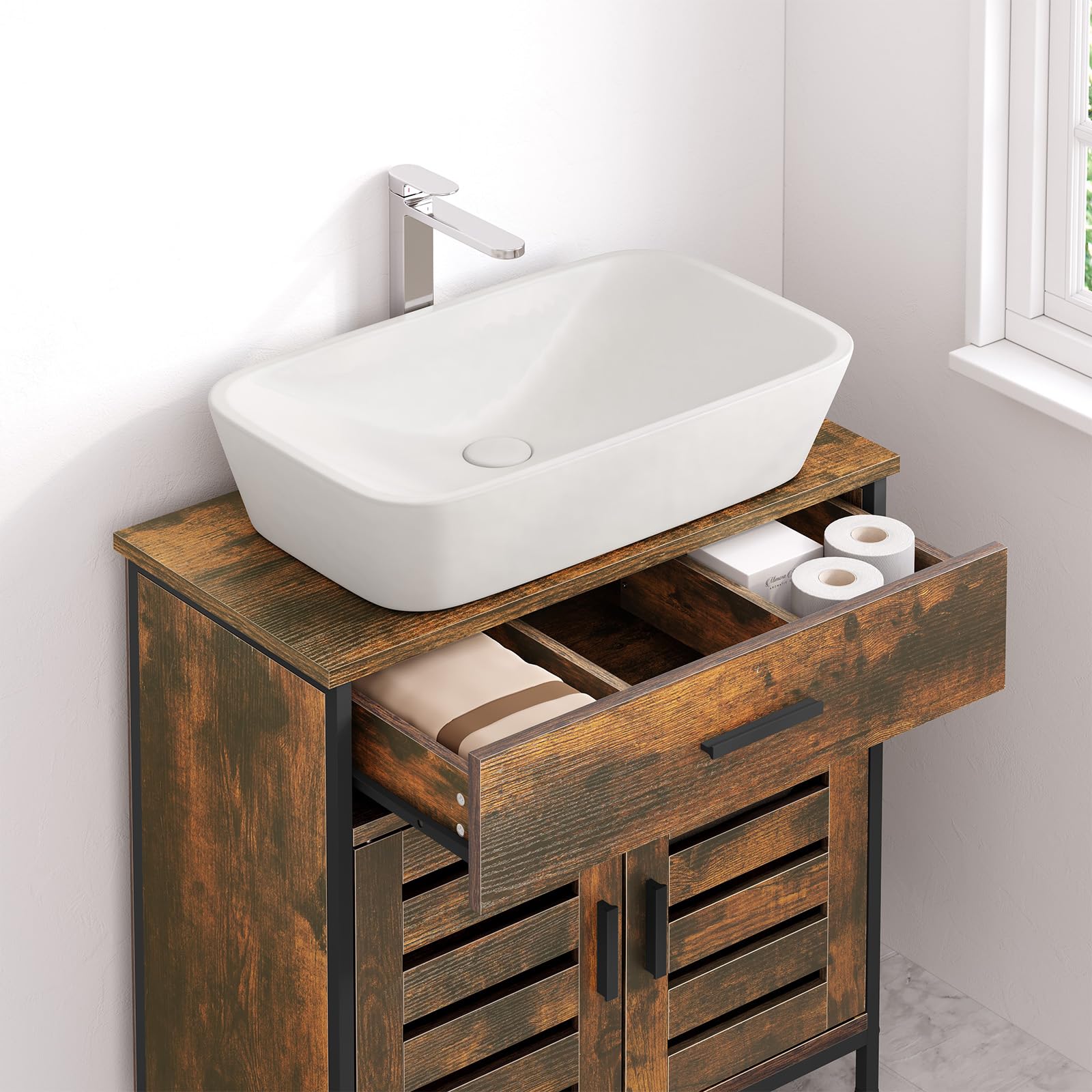 EUGAD Mobiletto, Mobile Lavabo, Mobile Bagno, con 1 Cassetto Grande, 2 Ante a Ribalta, Ripiano Regolabile, MDF, 60x30x60cm, Marrone Rustico