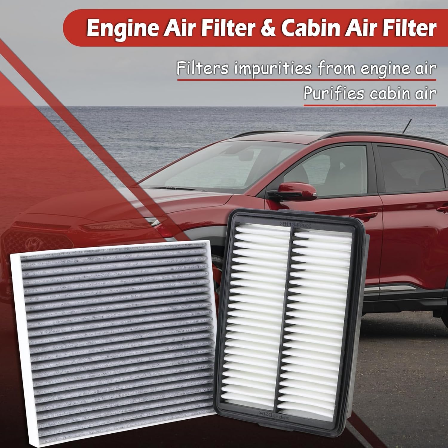 28113-F2000 Engine Air Filter and 97133-D1000 Cabin Air Filter kit Compatible with 2018-2023 Hyundai Kona 2019-2021 Veloster 2020-2022 Kia Soul 1.6L 2.0L Replaces CA12057 CF12160