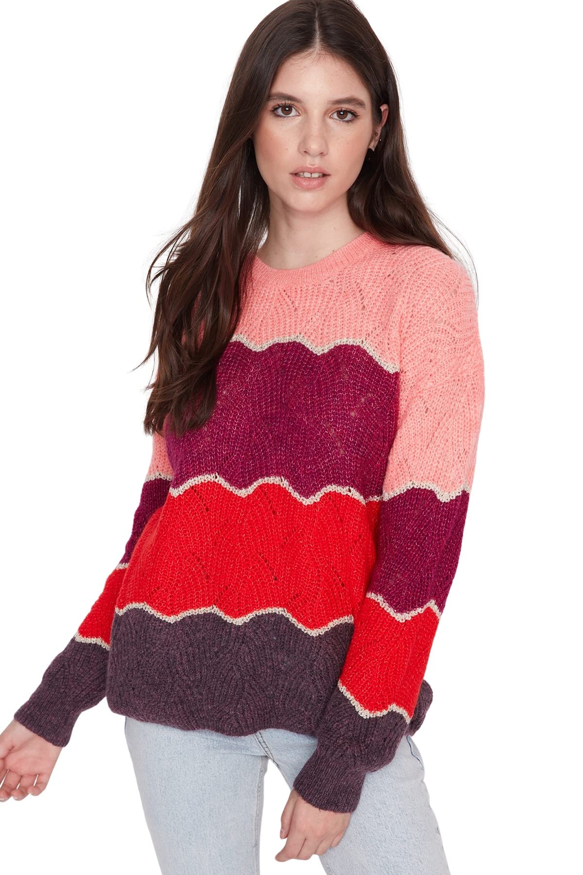 Trendyol Damen Violett Regular Fit Basic Rundhals Strickpullover Sweatshirt, S