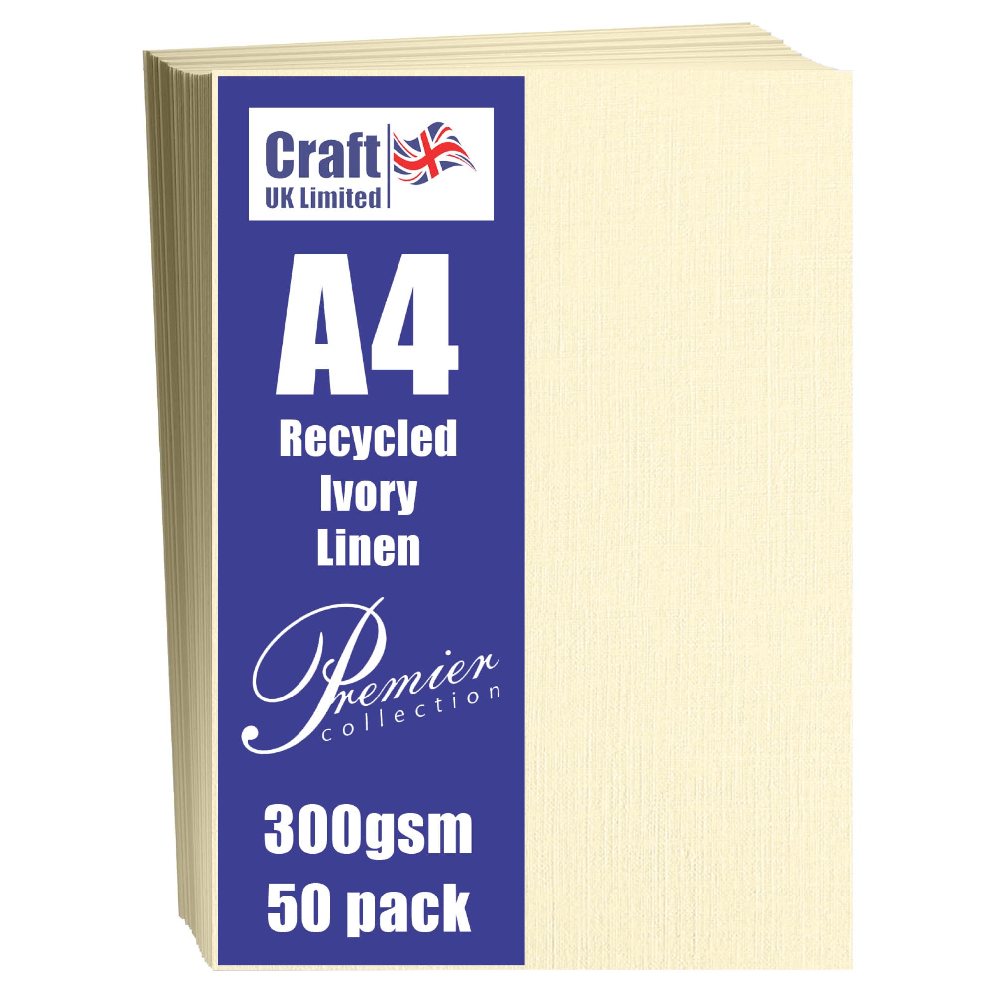 Craft UK, 50 A4 Card, Recycled Linen Cardstock Paper for Invitations and More, 300gsm, Made in the UK, Lasting Quality, Ivory