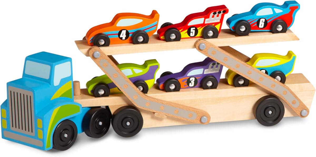 Mega Race-Car Carrier - Tractor y remolque de madera con 6 coches de carreras únicos