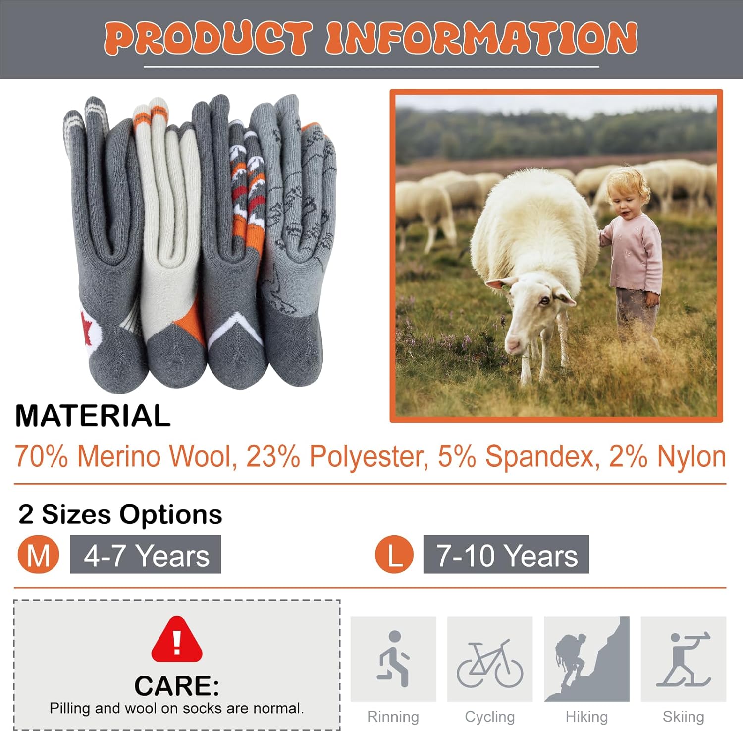 4 Pairs Kids Merino Wool Hiking Socks Boys Girls Teen Thermal Socks Winter Warm Cozy Thick Cushion Snow Socks
