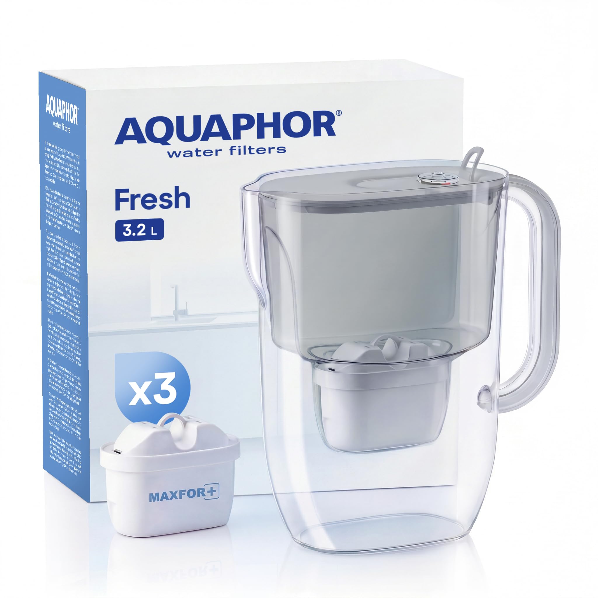 AQUAPHOR Fresh Water Filter Jug (Grey) 3.2L Fridge fitting design with easy fill lid - BPA free - Inc 3 x Maxfor+ high performance cartridge reducing microplastics and PFAS for better tasting water