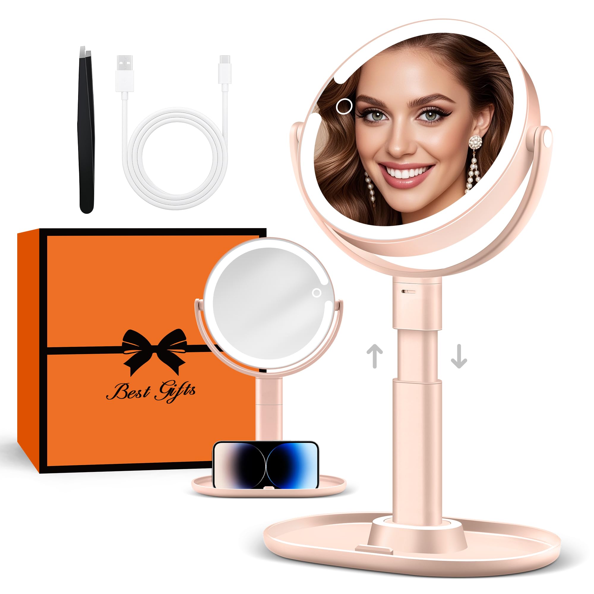 B Beauty Planet Beleuchteter Makeup Spiegel 30X Vergrößerungsspiegel mit 3 Farblicht, dimmbare LED & höhenverstellbar - Kosmetikspiegel 2-seitig für Badezimmer - Geschenk für Frauen Rosa