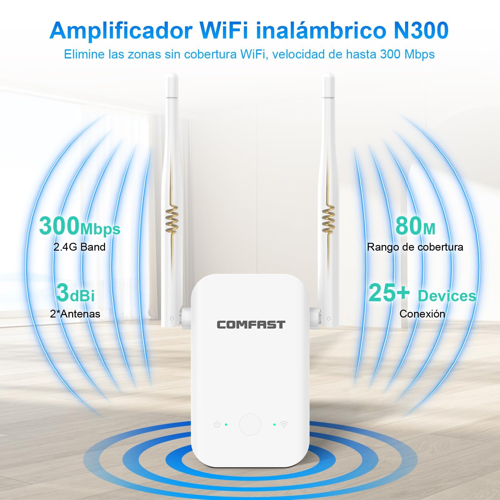 COMFAST Repetidor WiFi N300Mbps, Amplificador Señal WiFi para Casa y Oficina con 2 Antenas Externas, Extensor de Cobertura, Botón WPS, Indicador de Señal, Compatible con los Routers — view 3