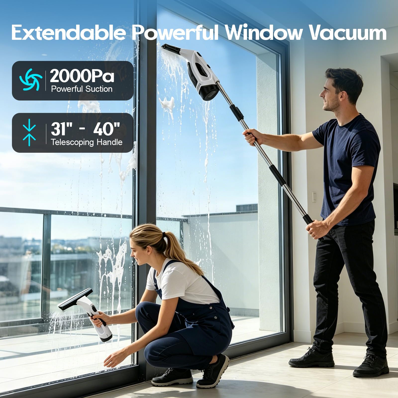Akku Fenstersauger Set, 2000Pa Kabelloser Fensterreiniger Fensterputzer, 2200 mAh Window Elektrisch Wiederaufladbarer Fensterabzieher, 150ml Tank, für Fenstern, Duschtüren, Spiegeln, Fliesen