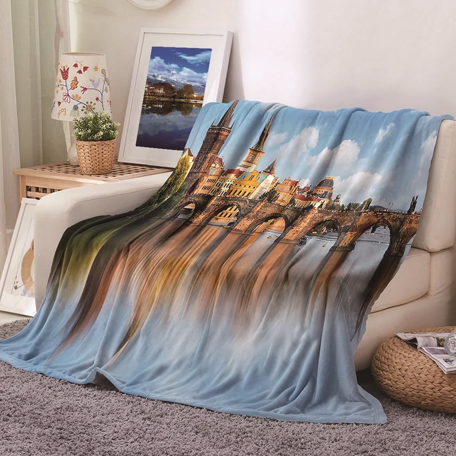 Couverture polaire en flannel KnSam au motif artistique de rivière 100x150