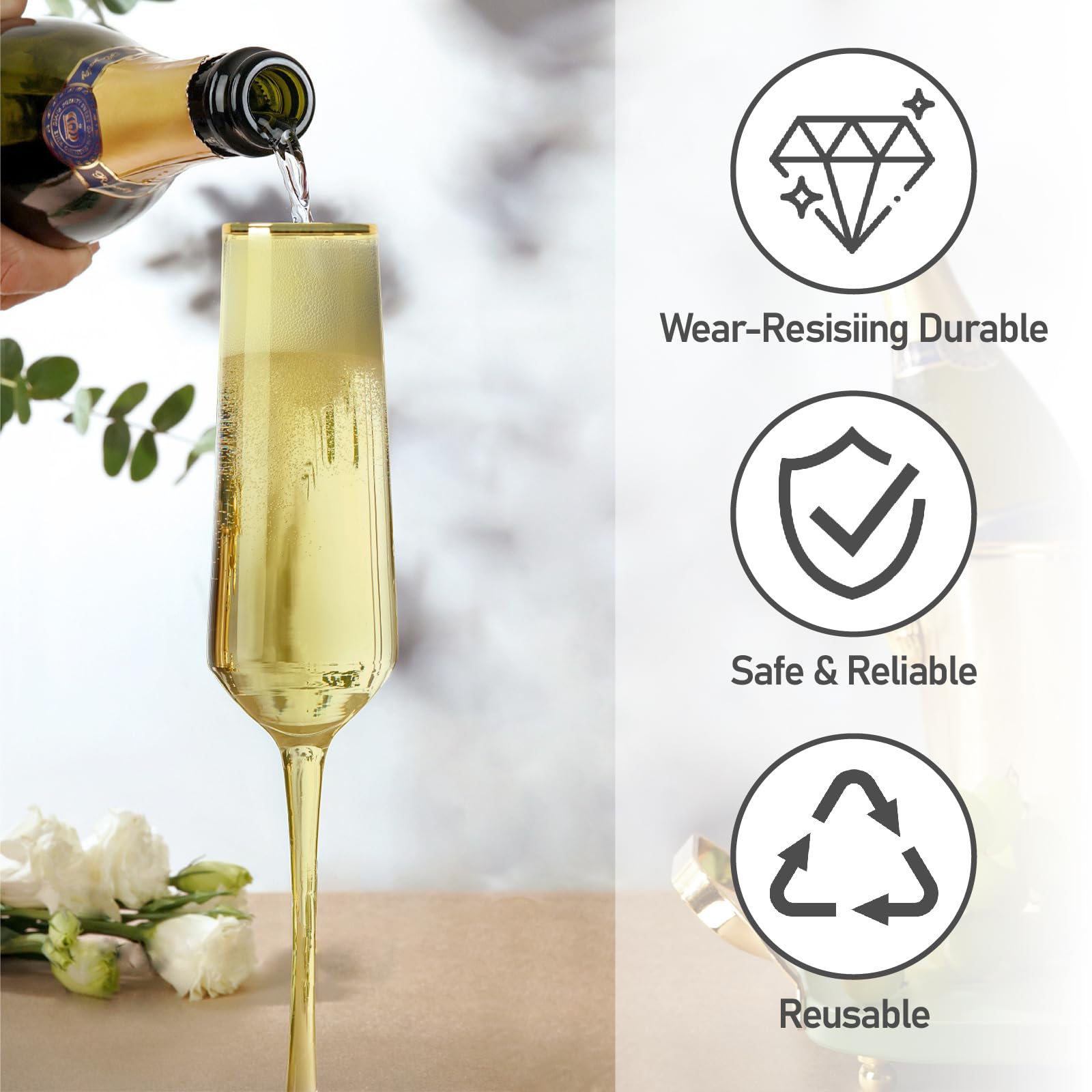 Farbige Champagnerflöten, Set mit 6 modernen Champagnergläsern, transparent, ideal für Hochzeiten, Jubiläen, Weihnachten, alle Anlässe und Geschenke, 1,5 l