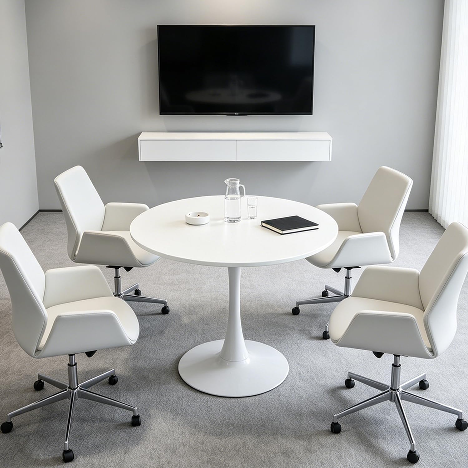 Konferenztisch, rund, weiß, minimalistisch, aus Verbundholz und Metall, bietet Platz für 2 bis 4 Personen für Meetings in kleinen Gruppen und Projektgespräche im Büro