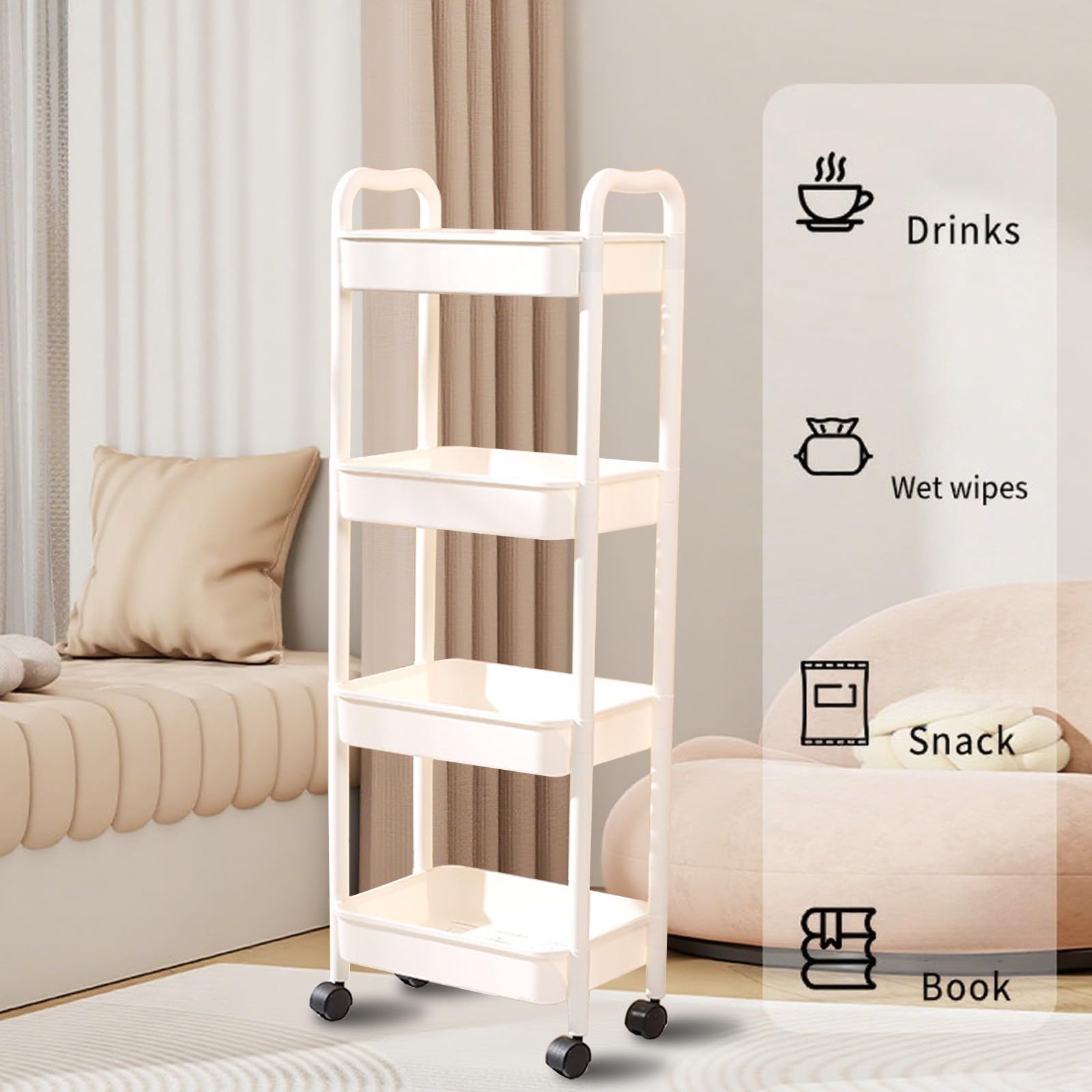 Carrello da cucina sottile a 4 ripiani, bianco, con ruote.