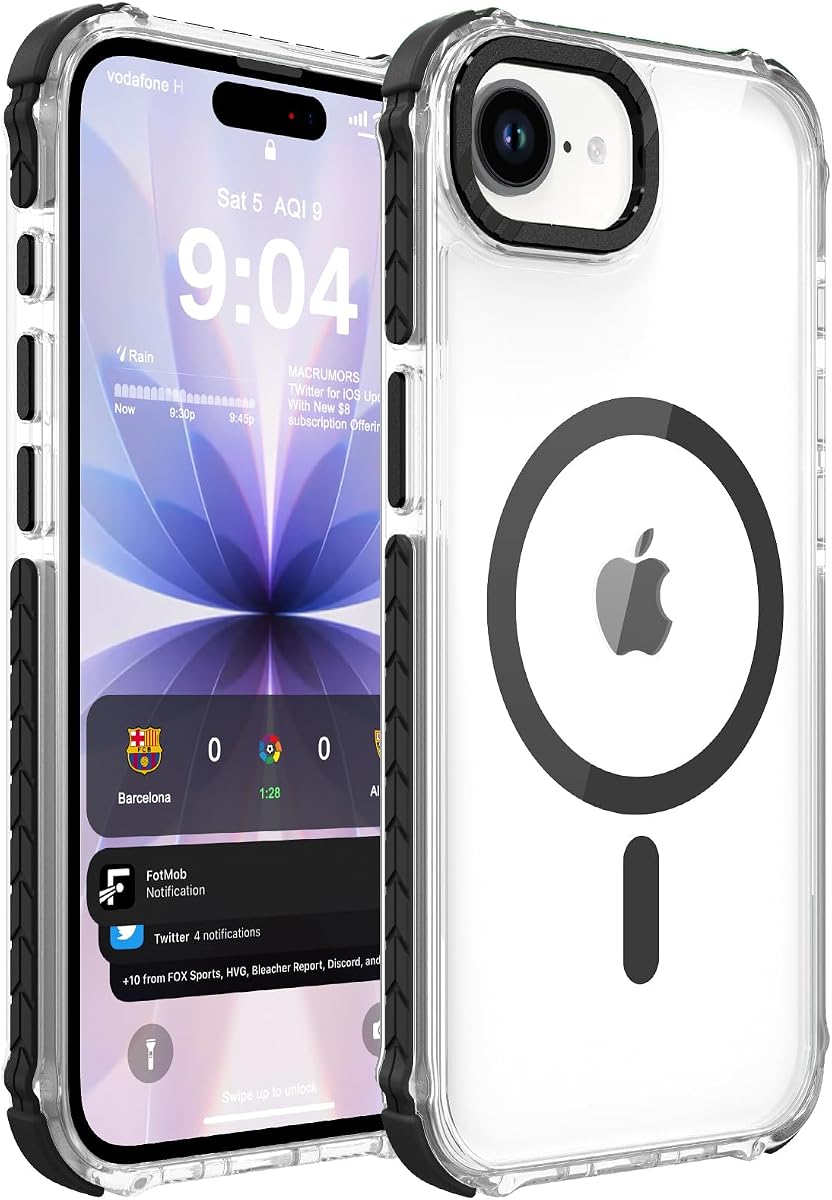 DEERLAMN Strong Magnetic Case for iPhone 16e/iPhone 17e 6.1-Inch, [Compatible with Magsafe][Military Grade Drop Protection] Clear Slim Shockproof Protective Phone Cover-Transparent+Black