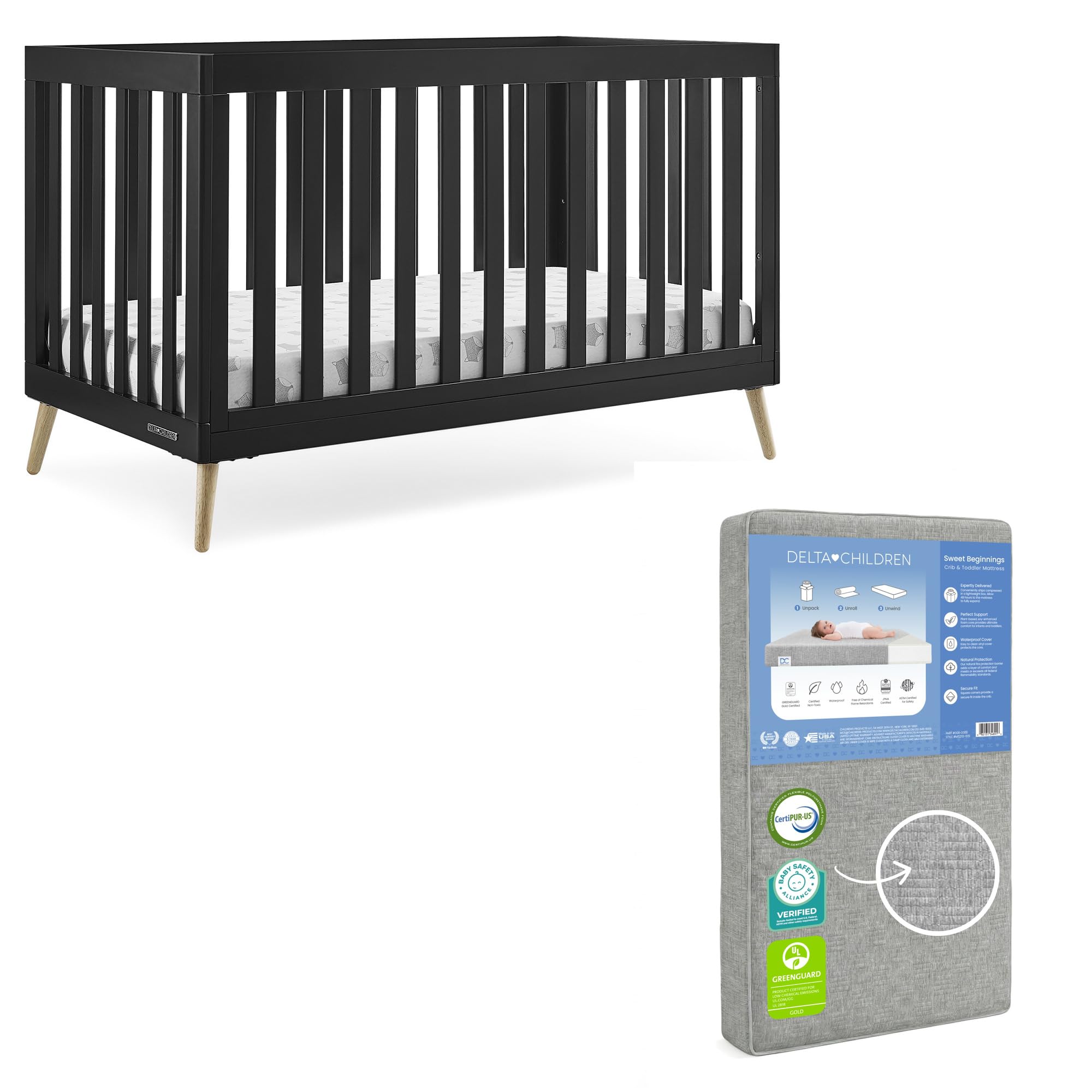 Delta Children Essex 4-in-1 Baby Crib &amp; Mattress, Ebony/Natural