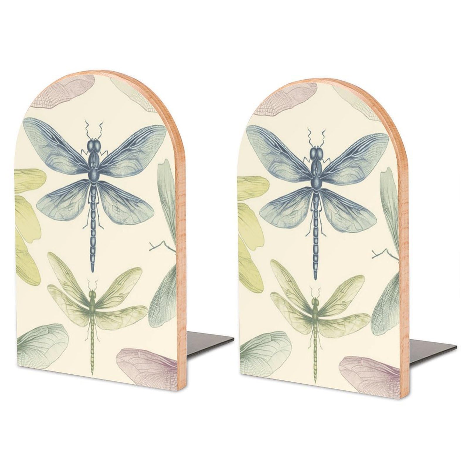 Dragonfly Drawing Bookend for Shelves Wooden Book End Large Size Sturdy Book Holders Stoppers with Metal Base for Bookshelves Slick Decorative Bookends Stands