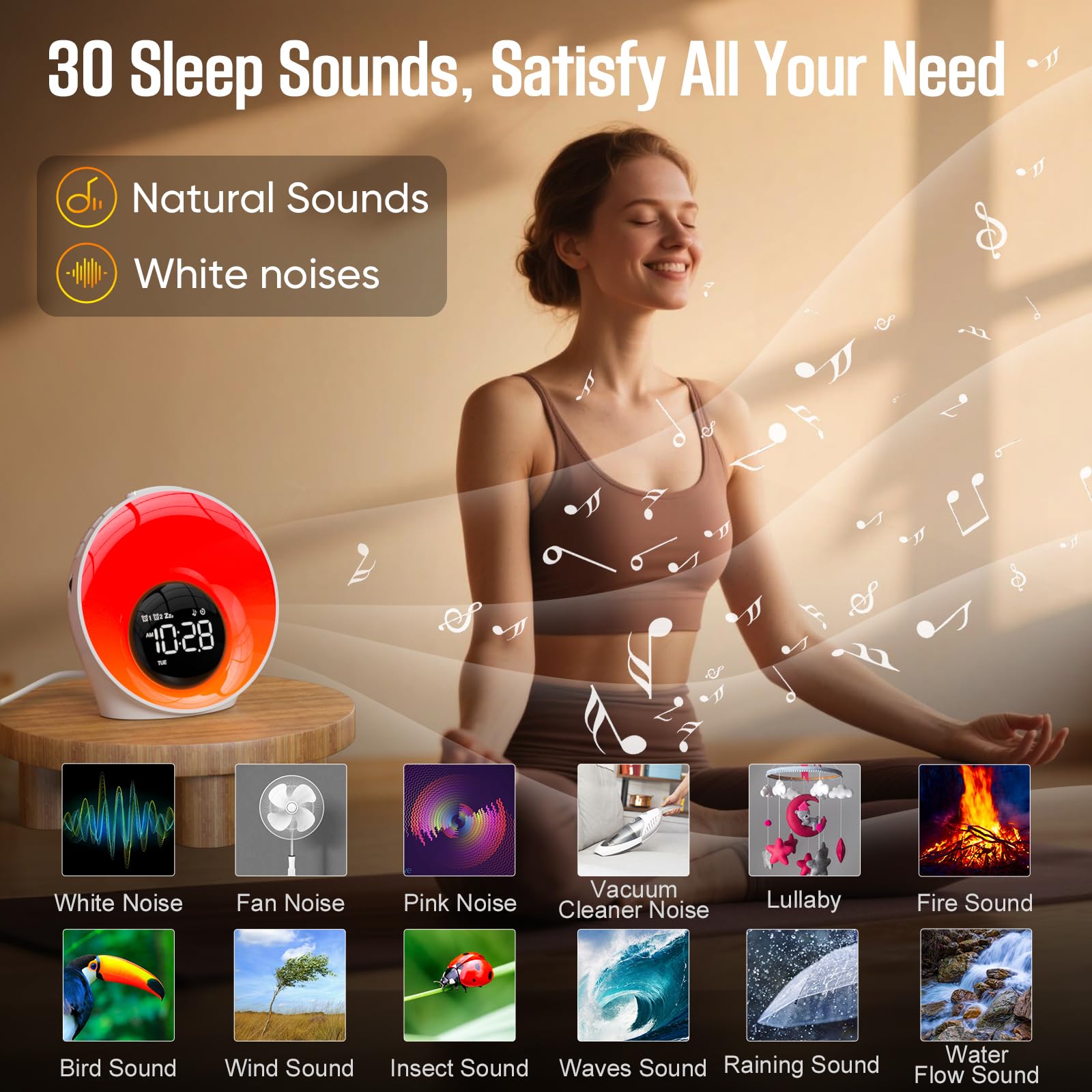 Réveil Lumineux Simulateur d'Aube, Lampe de Chevet avec 30 Sons, Snooze, Minuteur, Veilleuse pour Enfant/Adulte