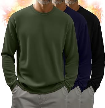 3 Pack Mens Big and Tall Thermal Shirts | Long Sleeve Fleece Lined T-Shirts, Crew Neck Loose Fit Pullover Tops, Casual Warmth Plus Size Sweatshirts