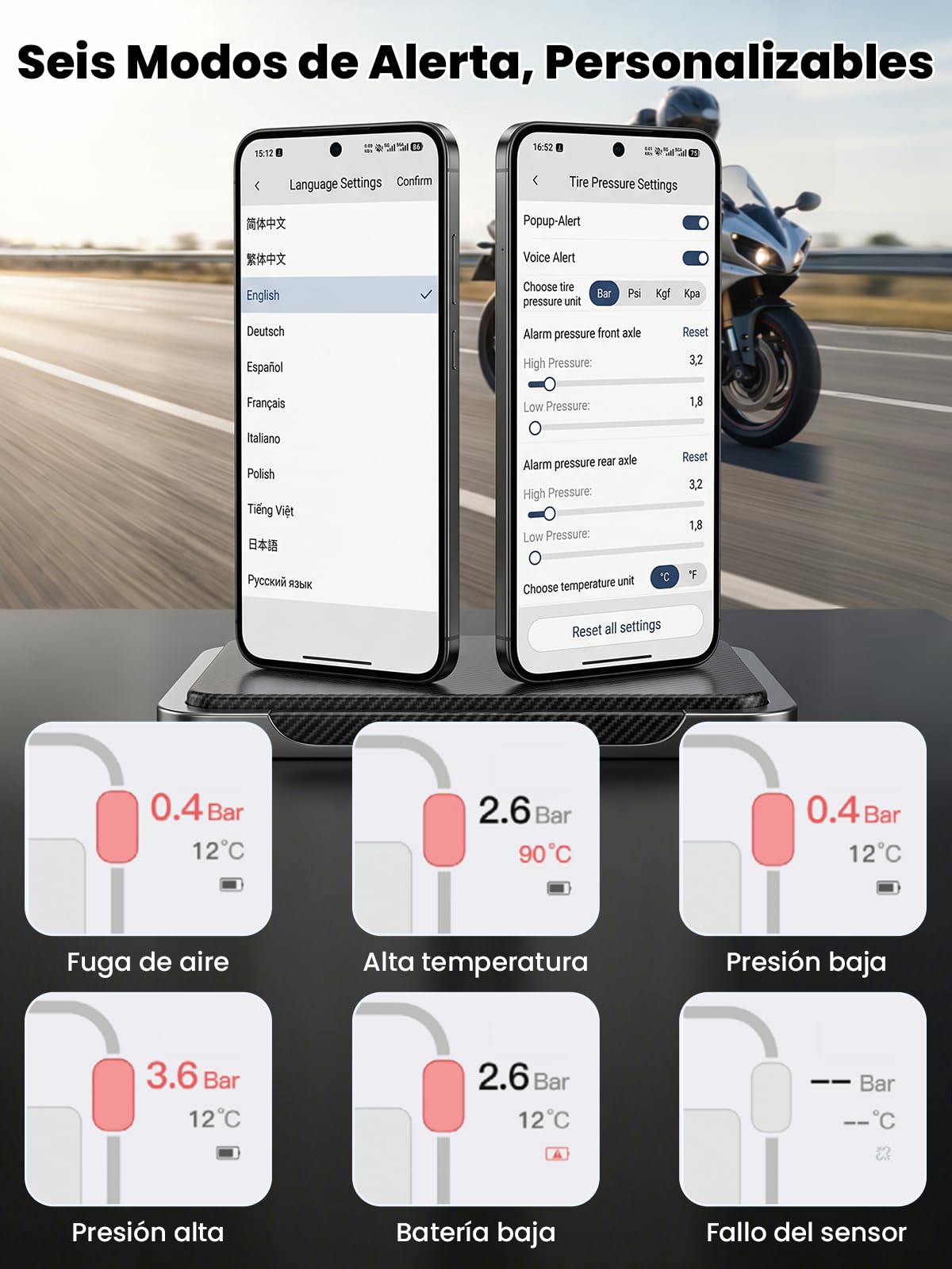 de Monitoreo de Presión de Neumáticos Sensores de Presión de Neumáticos Inalámbricos TPMS para Motocicletas y Automóviles con Aplicación Función de Alarma de Temperatura de (2PCS)