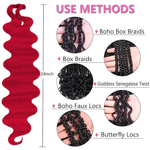 Miniatura 4 de COOKOO 3 paquetes de extensiones de cabello sintético ondulado ondulado preplumado rojo de 24 pulgadas, rizos franceses, para trenzas bohemias (rojo)