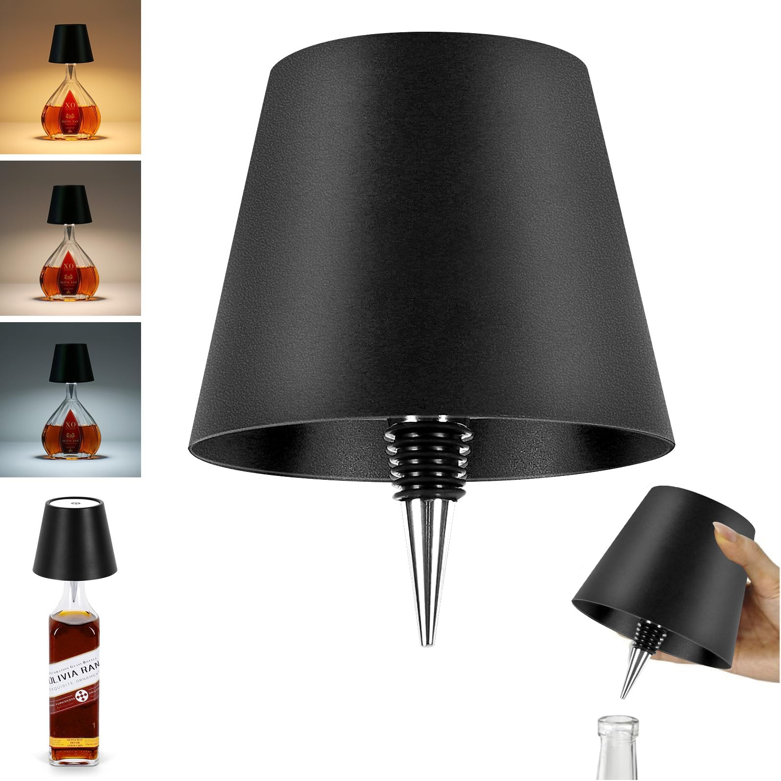 Wireless Bottle Lamp, Table Lamps, 3 Color Rechargeable Wine Bottle Lights for Bars Restaurants (Black, 1PC) (Black)
