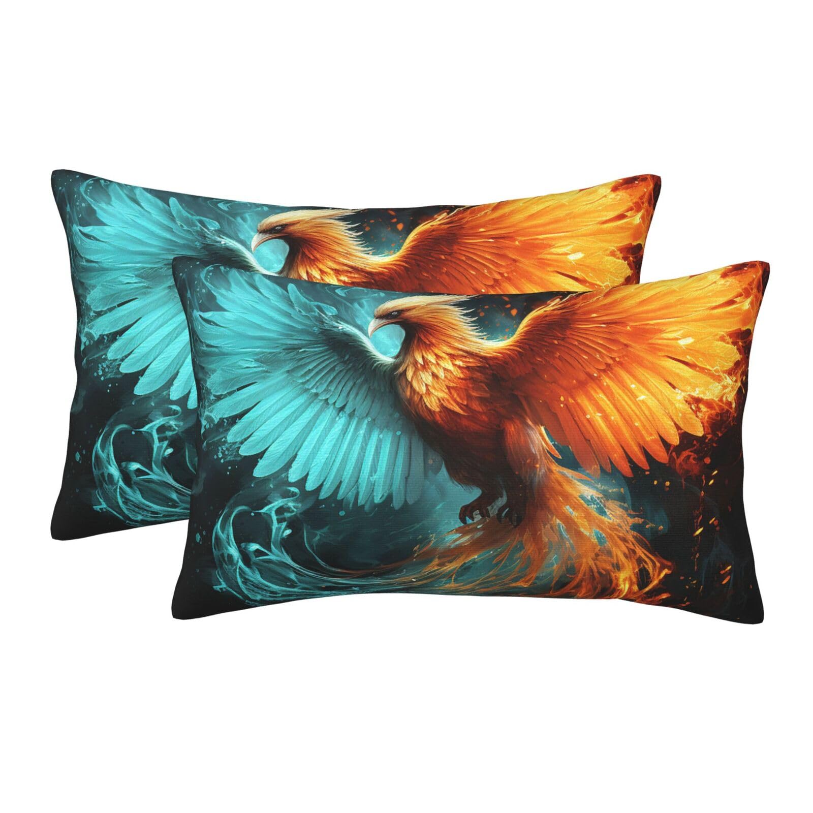 2 Pack Standard Size Pillow Cases for Hair and Skin Soft Breathable Pillow Case Covers with Hidden Zipper Fire and Water Phoenix Pillowcase 20"x30" Pillow Cover for Sleeping Gift
