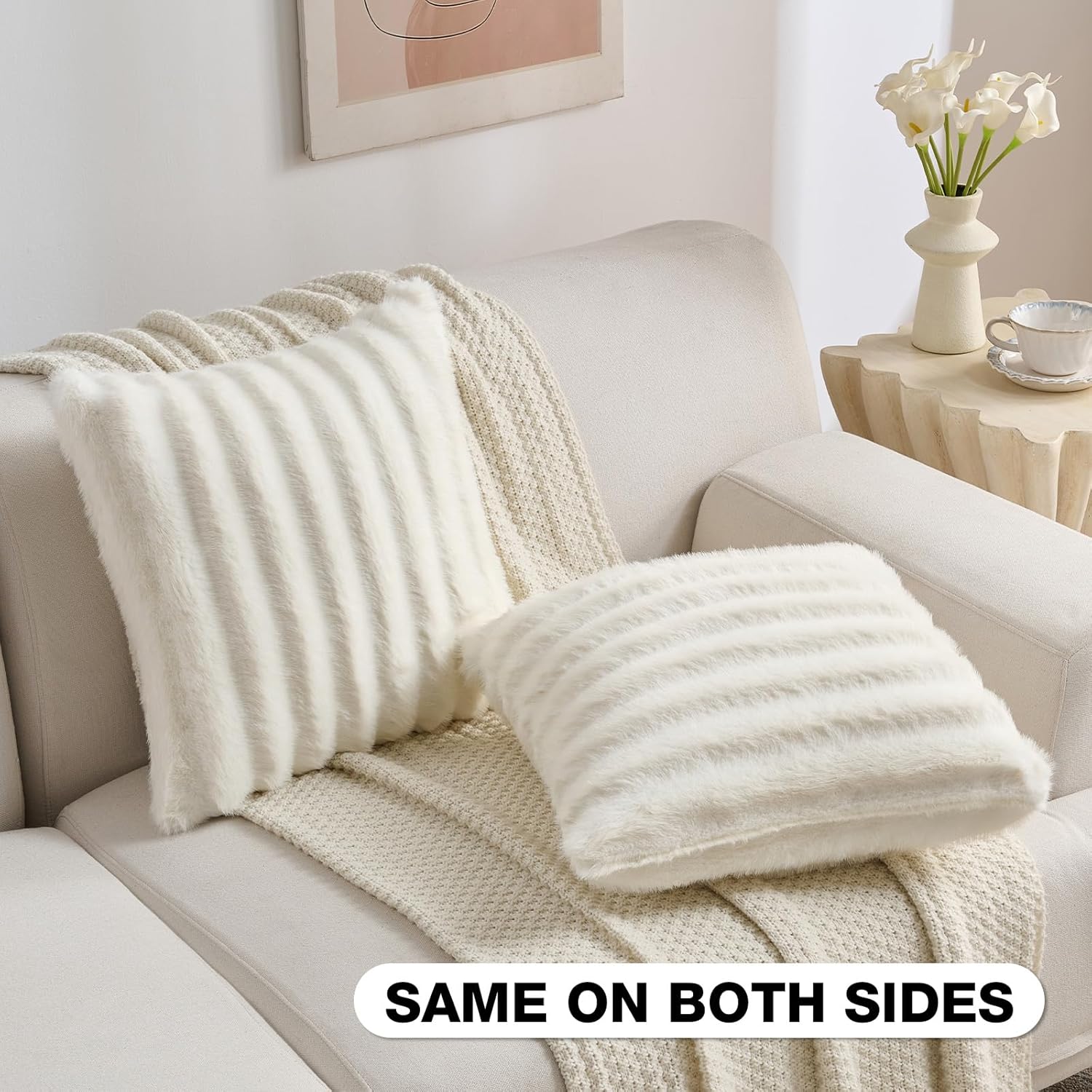 FUTEI Cream White Decorative Throw Pillow Covers 18x18 Inch Set of 2,Soft Fluffy Faux Mink Fur Dyeing Striped Textured Cushion Case,Modern Home Decor for Couch Bed Living Room
