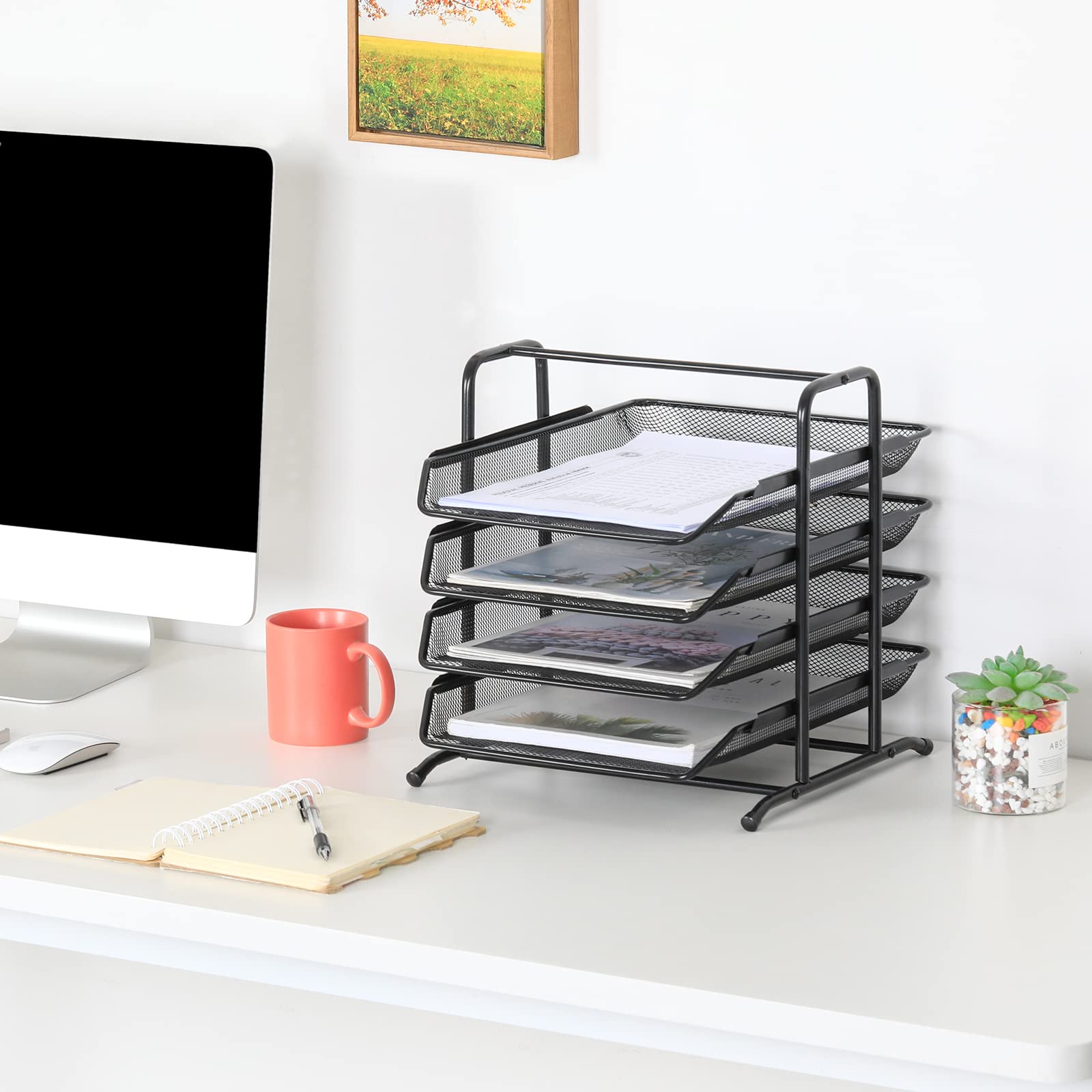 EasyPAG 4 Niveles Metal Malla Oficina A4 Escritorio Bandeja Documento Soporte Archivos Organizador Revistero Almacenamiento Papeles Clasificador Carta Estante Folios,Negro