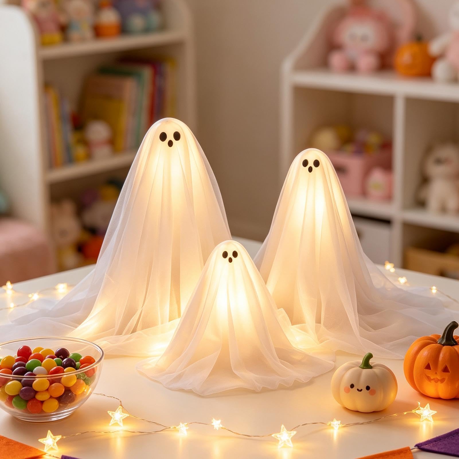 Halloween fantasma 3 pezzi illuminato Halloween Decor | Ghost, luce LED con base in legno, per feste, casa, ufficio, soggiorno, libreria, mensola