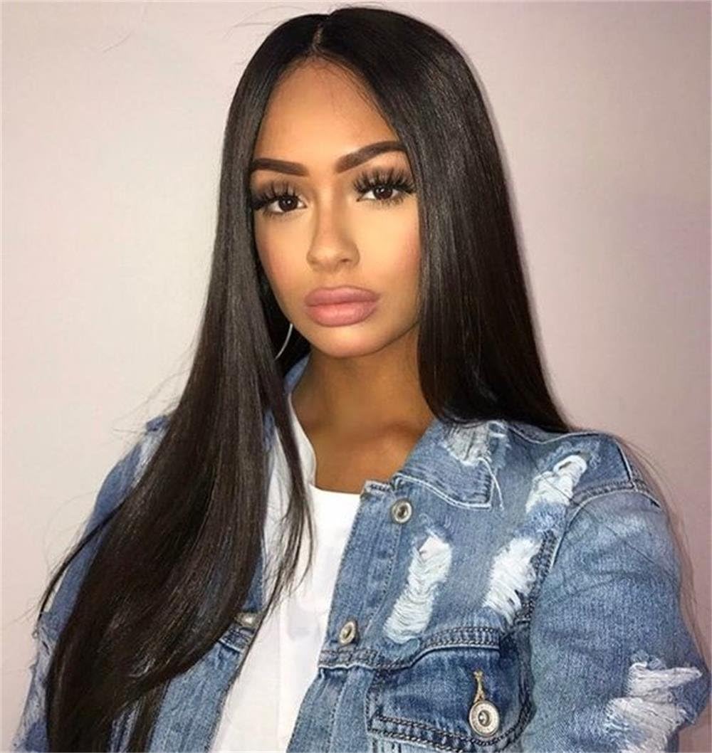Cbwigs Glueless Brazilian Remy Natural Straight Lace Front Wigs 4.5 inch Deep Parting Human Hair Wig for Black Women with Pre Plucked Hairline and Baby Hair 130% Density (12 inch #1B)