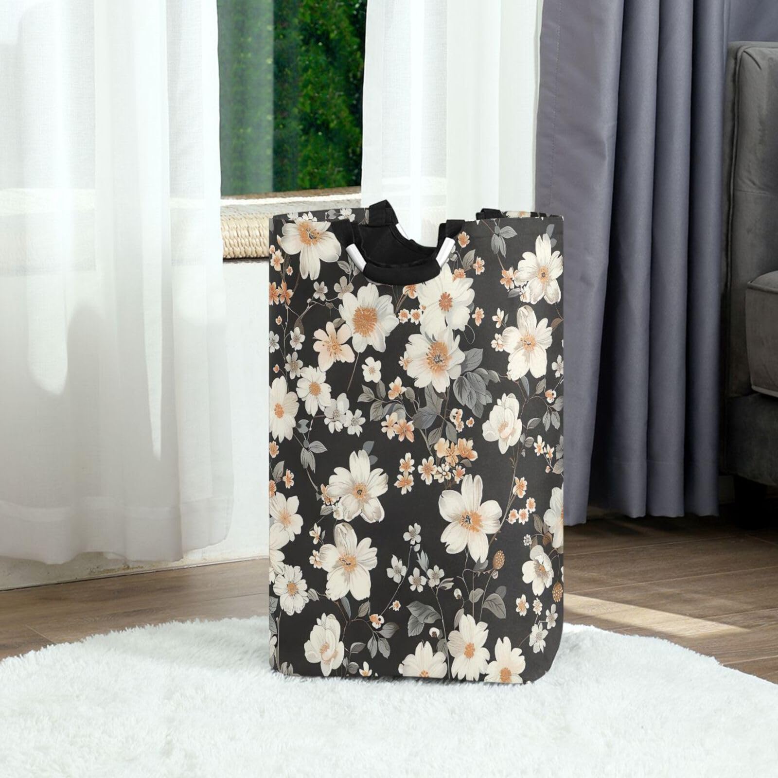 Jihqo Laundry Hamper Basket Elegant Flowers White Collapsible Nursery Storage Bin Waterproof Clothing Baskets for Home Bedroom Bathroom Washing Room