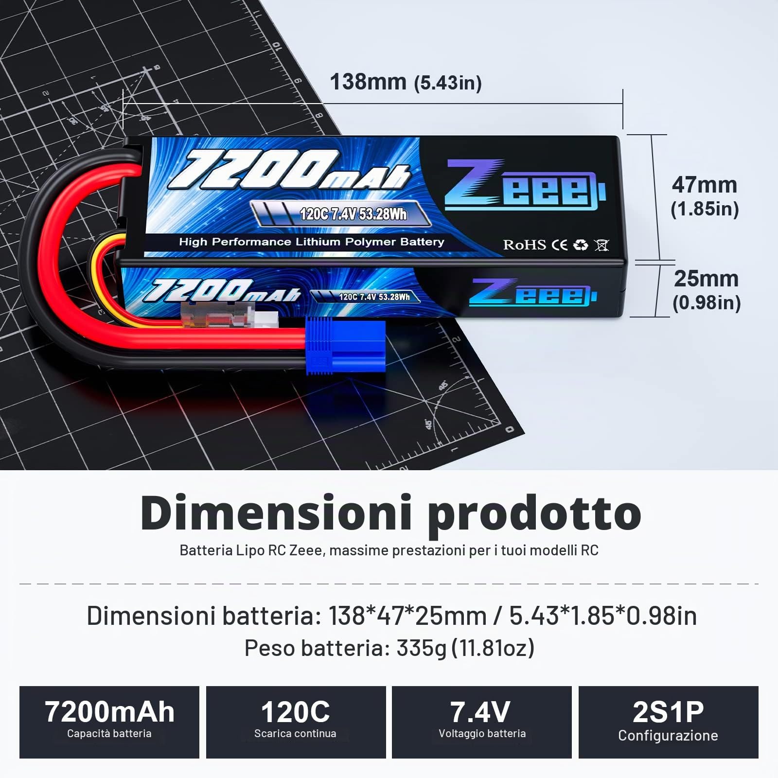 Zeee 2S Lipo 7200mAh 7.4V 120C con spina EC5 Batteria RC hardcase per auto RC, camion, veicoli RC, truggy, buggy, carro armato, elicottero, aereo, modelli da corsa (2pcs)
