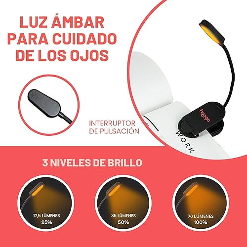 Miniatura 3 de hooga Luz de libro ámbar, luz de lectura LED recargable con bloqueo de luz azul con clip, 1600 K cálido cuidado de los ojos para cama, estudiantes